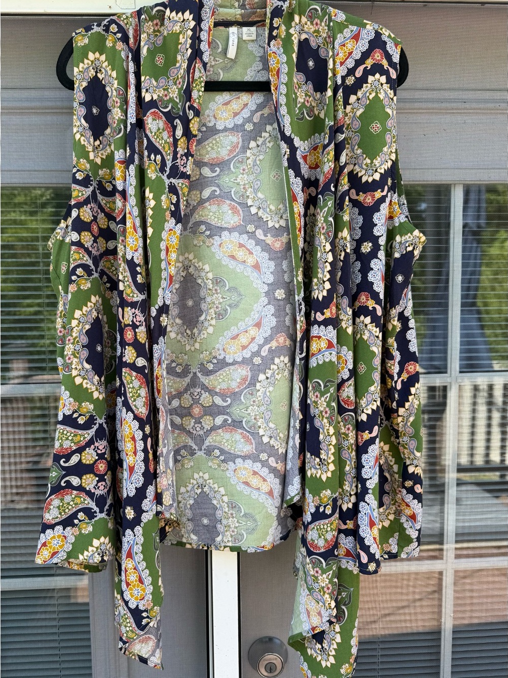 Sleeveless Paisley-Print Open Front Vest - Green & Navy Blue XL